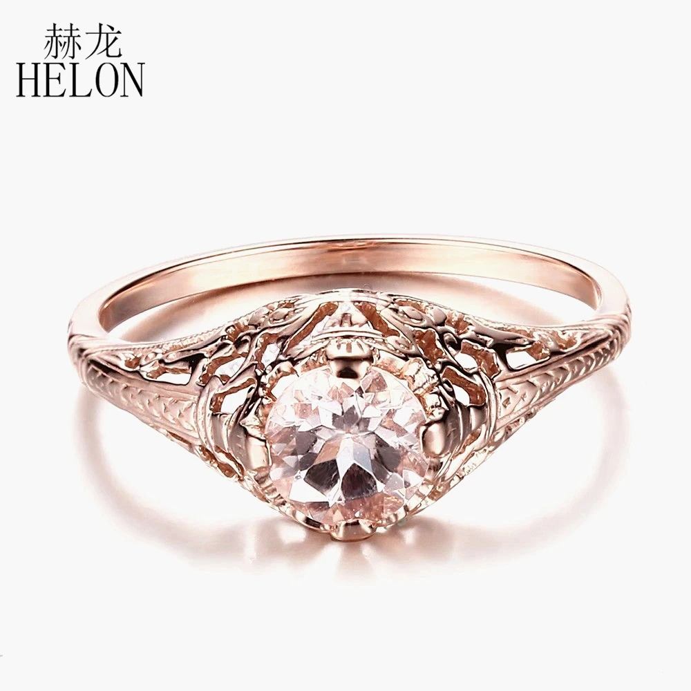 HELON Solid 14 K розовое золото безупречный круглый 5,5 мм натуральный морганит обручальное кольцо для женщин Свадебные Винтажные Ювелирные изделия с камнем-солитером