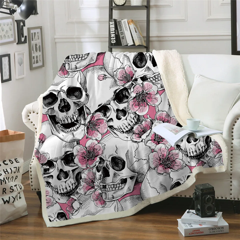 Постельные принадлежности Outlet Sugar Skull коллекция одеяло для взрослых Микрофибра Цветочный плюшевый шерпа пледы одеяло на диван Готический постельные принадлежности