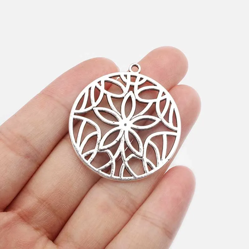

10PCS Antique Hollow Open Lotus Flower Charms Round Pendant for Necklace Jewelry Findings 37x34mm