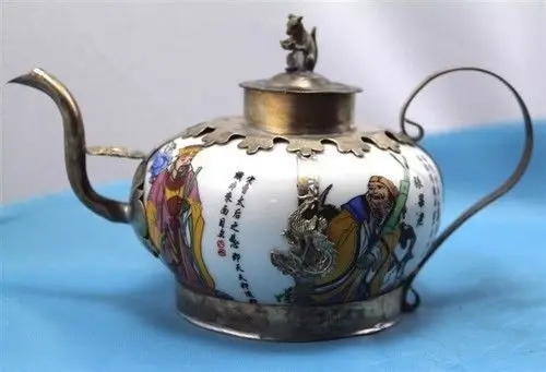 

house decoration crafts design silver monkey Chinese Tibet brass white Porcelain Dragon TeaPot tools wedding Brass