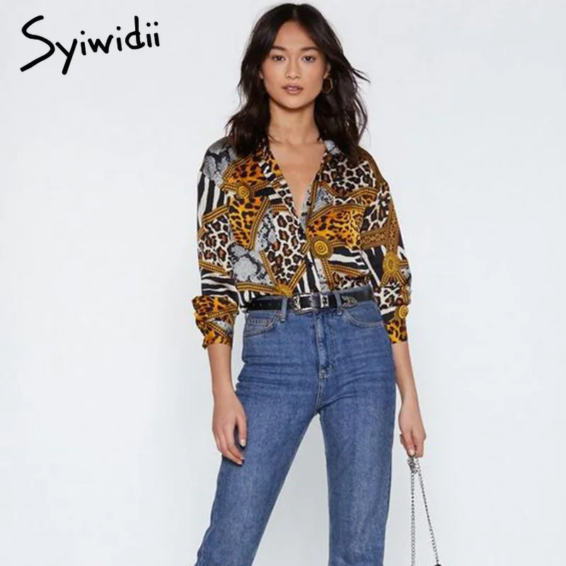 Harajuku Leopard Print Blouse Women 2019 Spring Summer Yellow Shirts Long Sleeve for Work School Sexy Fashion Tops |