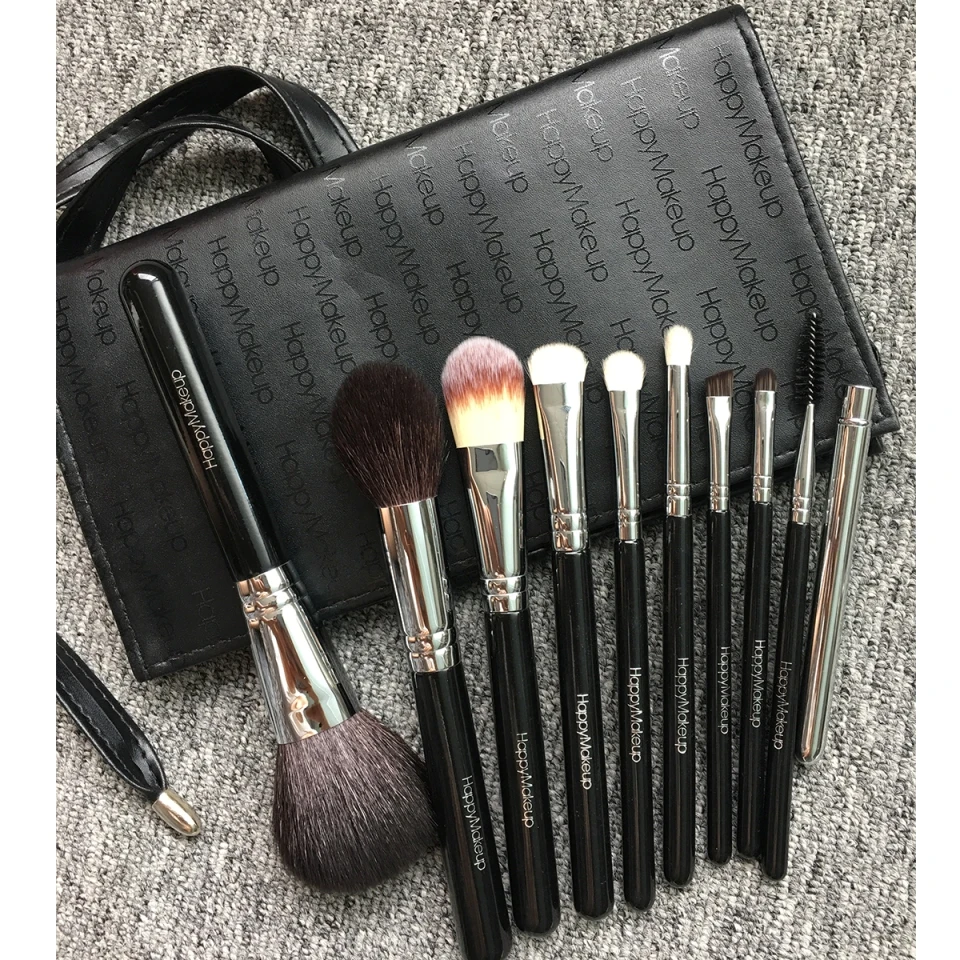 HAPPY MAKEUP Профессиональный набор кистей для макияжа из натурального козьего волоса, медный наконечник, пудра, Базовая кисть для теней, 10 шт. в комплекте, мешочек