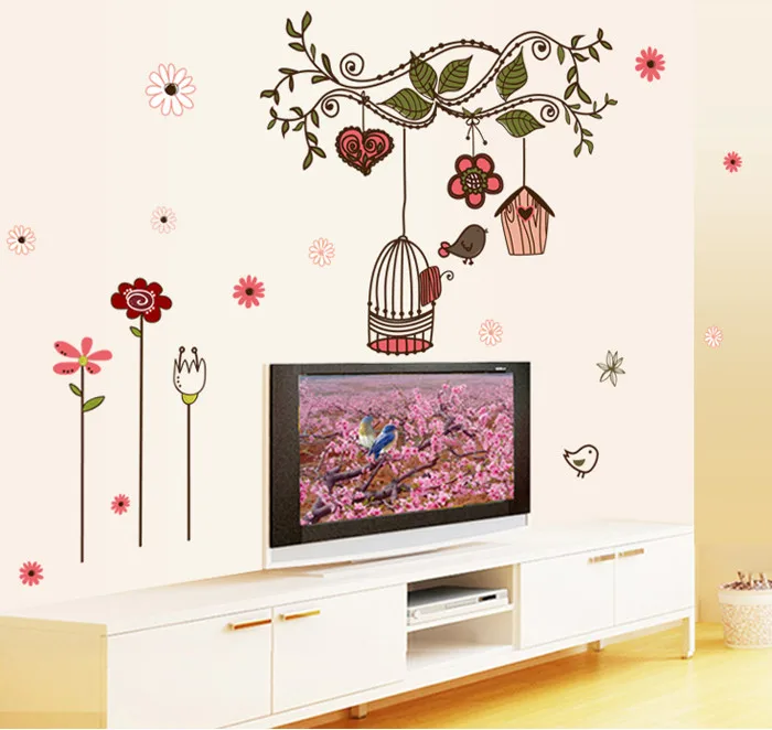 Мультяшные птицы Клетка цветок DIY ветка Наклейка на стену для детской комнаты