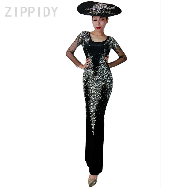Sparkly Rhinestones Long Dress Black Backless Clothes Women's Birthday Celebrate Female Singer DS Nightclub Mesh Sleeves Outfit | Женская