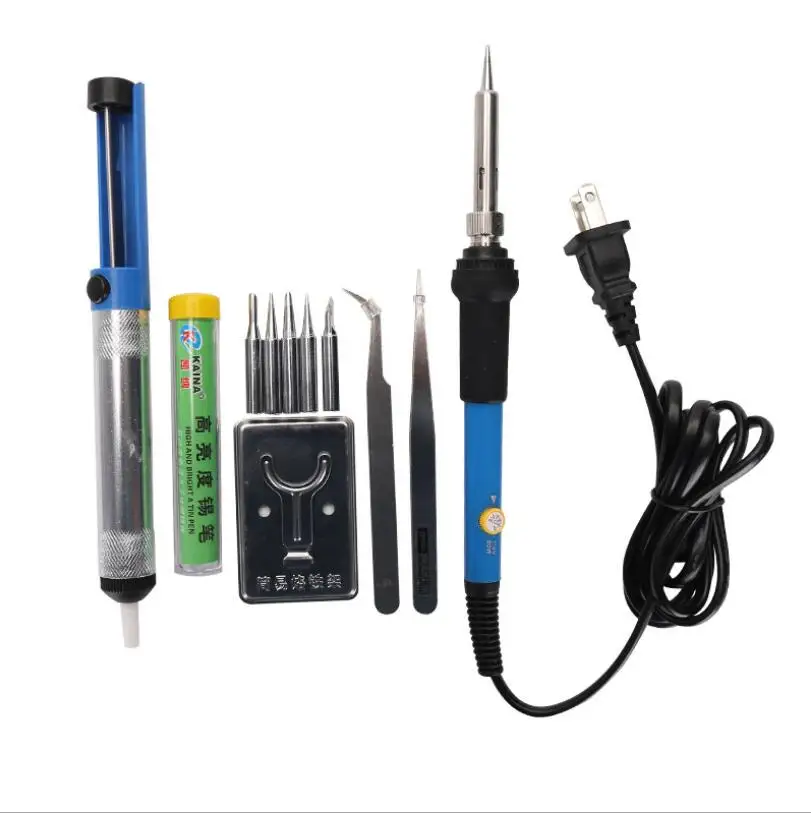 

110V US Adjustable Temperature Soldering Iron Handle +5pcs ironTips+Desoldering Pump+ Solder Wire Stand Tweezers Welding Tools