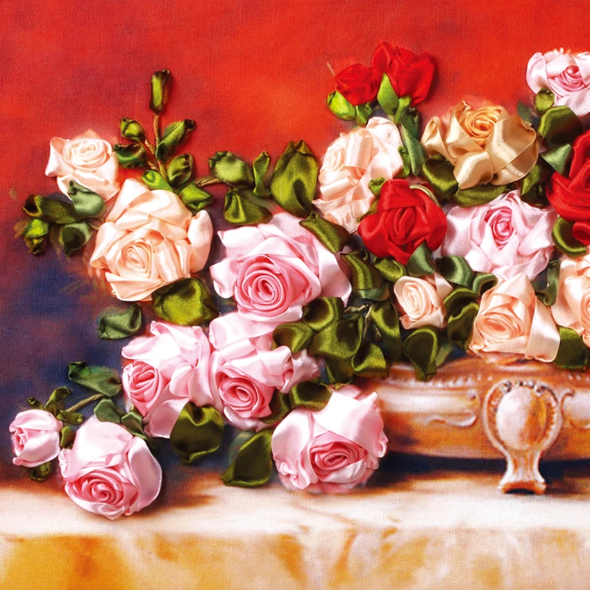 Новое поступление необработанные ленты вышивка цветочные картины наборы ручной