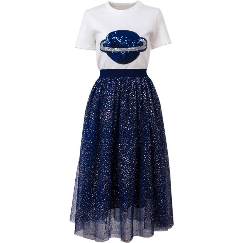 top and skirt Летний женский комплект из двух предметов, футболка с коротким рукавом и блестками+ юбка с эластичной резинкой на талии, Женская юбка, костюмы - Цвет: top and skirt