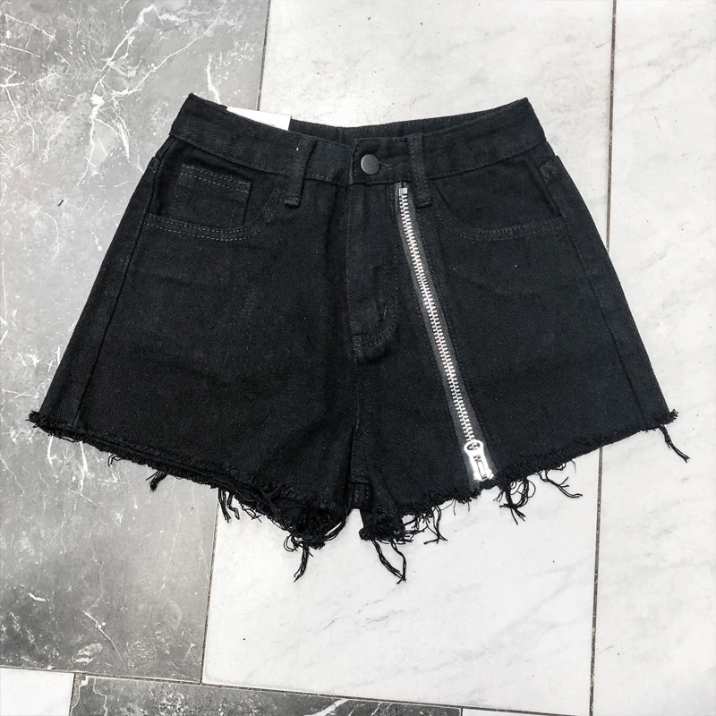 

Cut Hems Zipper Front Denim Shorts Women High Waist Vintage Black White Blue Short Jeans H337