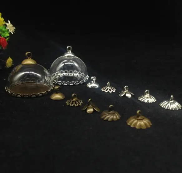 

300pcs 25mm half glass dome lace base beads cap set glass globe craft necklace diy glass vial pendant glass wishing bottle cover