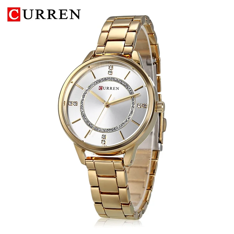 CURREN, горячая распродажа, часы для женщин, брендовые, модные, женские, нарядные часы, женские, нержавеющая сталь, кварцевые, водонепроницаемые часы, Montre Femme - Цвет: Gold White