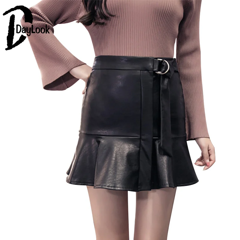 Daylook New Arrival PU Leather Skirts High Waist Sexy Ruffled A-Line Office Skirt Faux Pencil Solid Mini Bodycon Women | Женская одежда