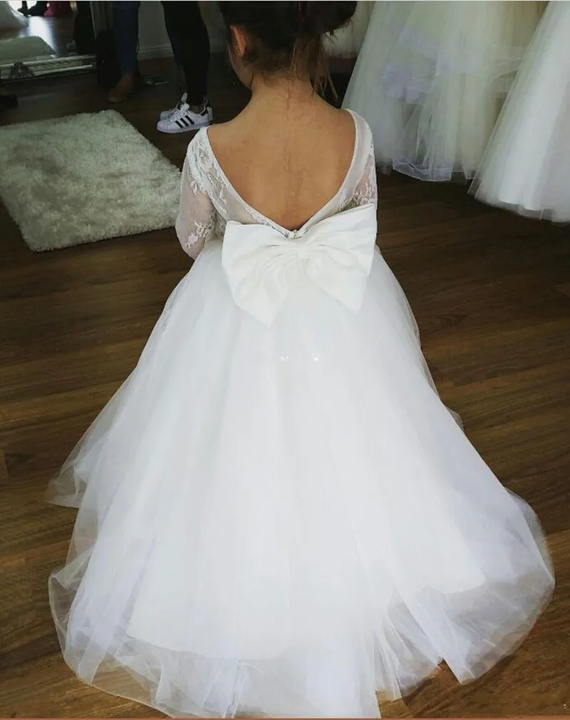 Beautiful Flower Girl Dress for Special Occasion with Bow Lace Top Tulle First Communion Gowns For Little Girls Custom Made Long |