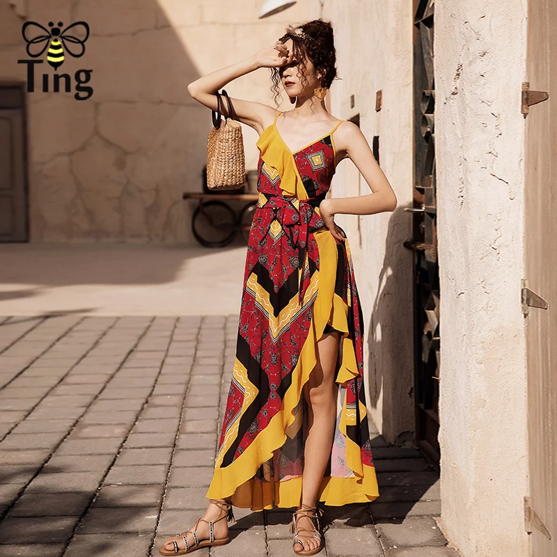 Tingfly 2019 Летнее новое платье в стиле бохо с бретелью, открытой спиной, оборками и разрезом Пляжный отдых Цветочный богемный повседневный длинный.