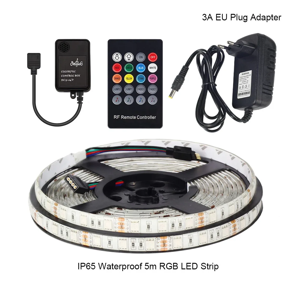 RGB Светодиодные ленты 5050 Светодиодные ленты Водонепроницаемый IP20/IP65 5 м/roll+ 20 клавиши музыка РФ контроллер+ DC12V 3A 36 Вт EU/US Plug Мощность адаптер - Испускаемый цвет: IP65 EU 4PCS SET