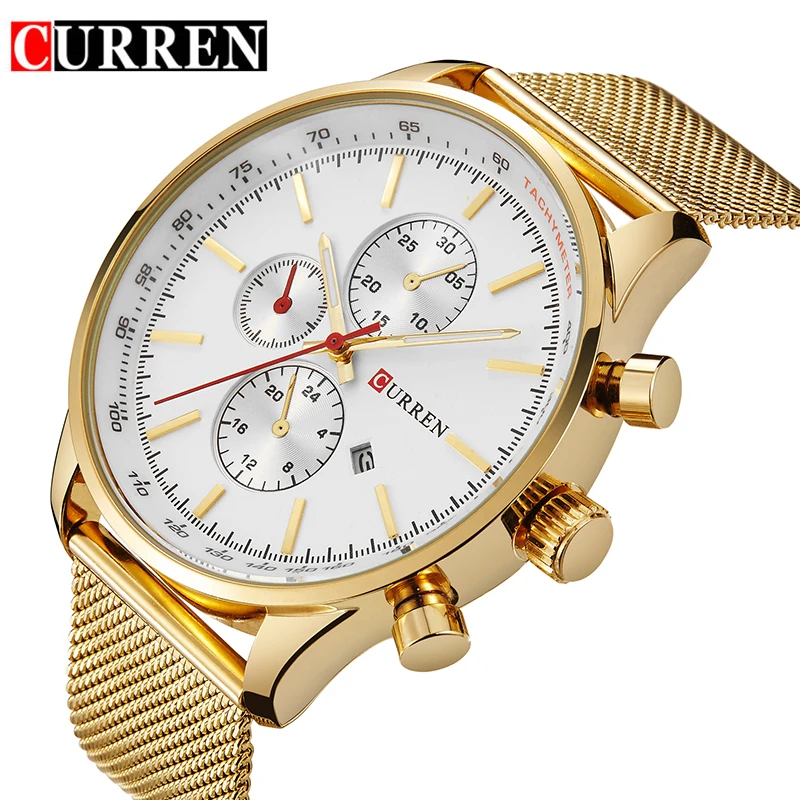 

CURREN Japan Movement Golden Mesh Band Date Display Red Hands Men Fashion Quartz Wrist Watches Male Clock Hardlex Glass Design