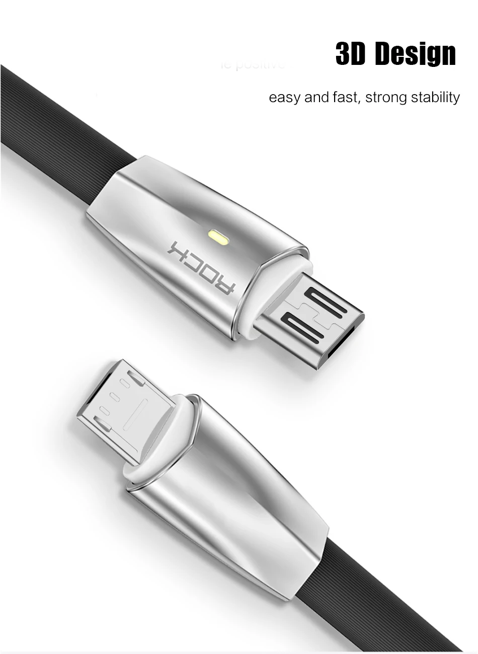 3D светодиодный светильник Micro USB кабель, ROCK 2A цинковый сплав светодиодный Micro кабель для Galaxy быстрое зарядное устройство кабель для Xiaomi