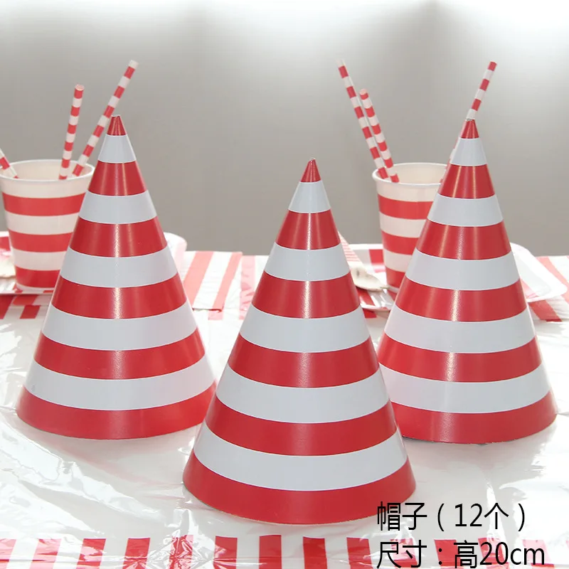 hat Красная тарелка с полосами, бумажные стаканчики, салфетка, соломенная ложка, нож, одноразовая посуда, наборы для свадьбы, дня рождения, украшения, сувениры - Цвет: hat