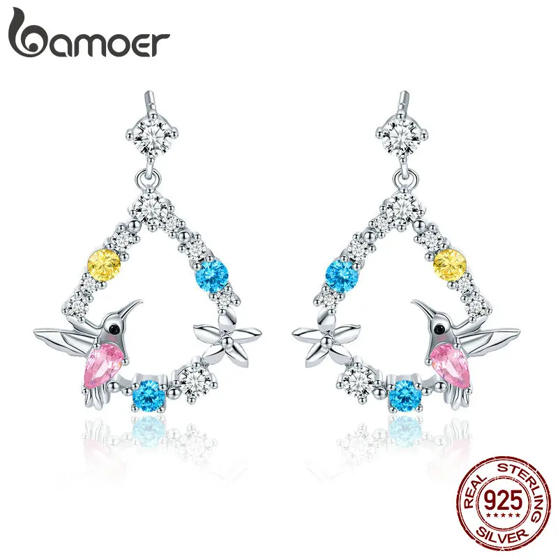 BAMOER, 925 пробы, серебро, колибри, подарок, цветной, с кубическим цирконом, серьги-гвоздики для женщин, Стерлинговое Серебро, ювелирное изделие, BSE011