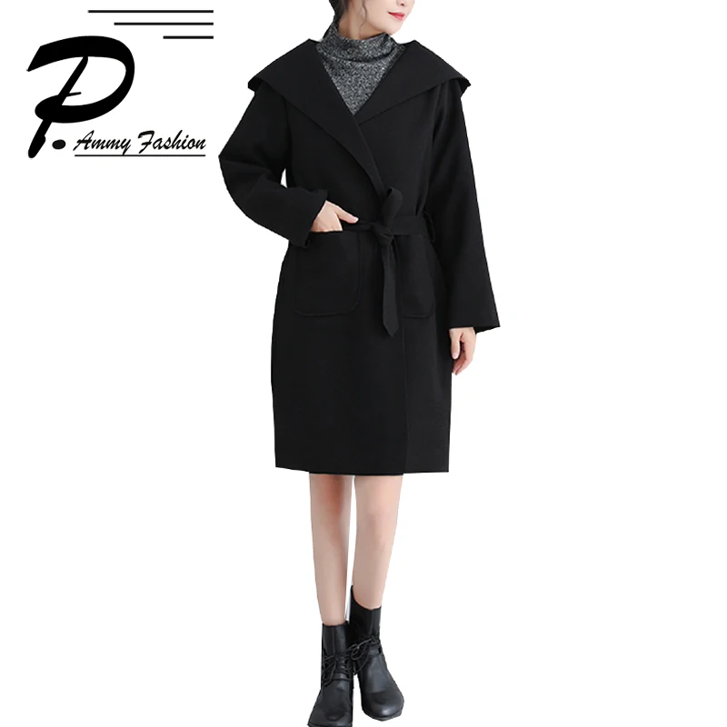 2018 осень зима новый кардиган с капюшоном ремень шерстяное длинное пальто женские