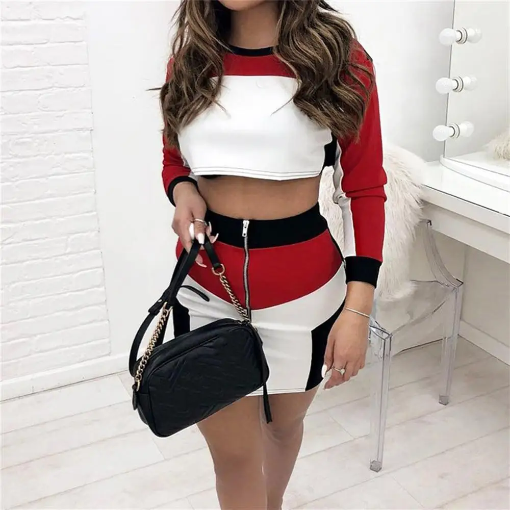 2018 осень Для женщин с длинными рукавами и круглым вырезом короткий топ Club юбка