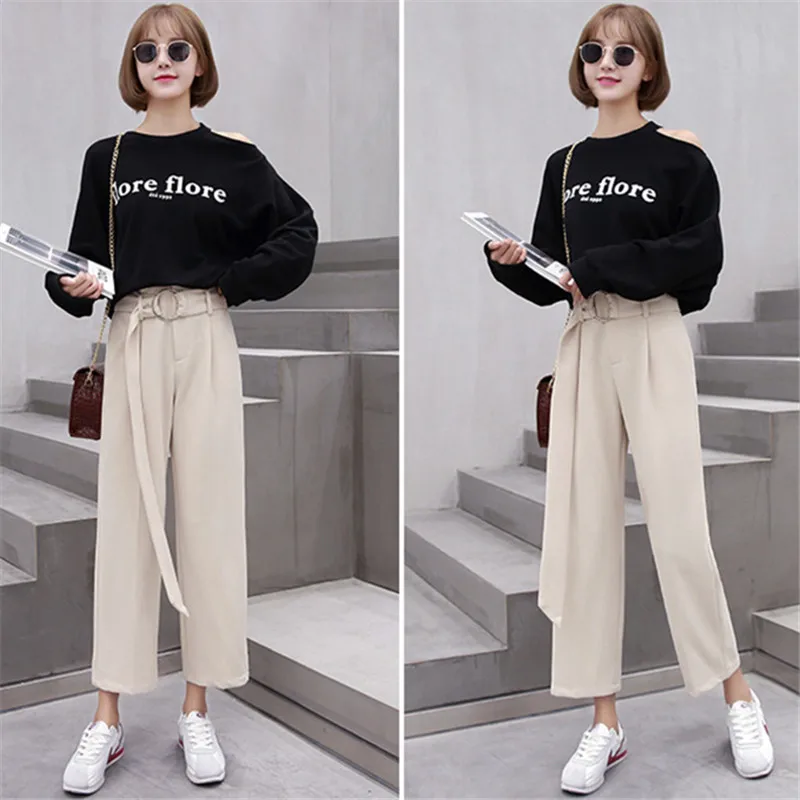 2018 Новое поступление осень высокая талия широкие брюки Харадзюку повседневные