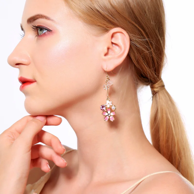 

Flowers pearl earring female temperament personality girl earrings long Pearl crystal stud earring for women