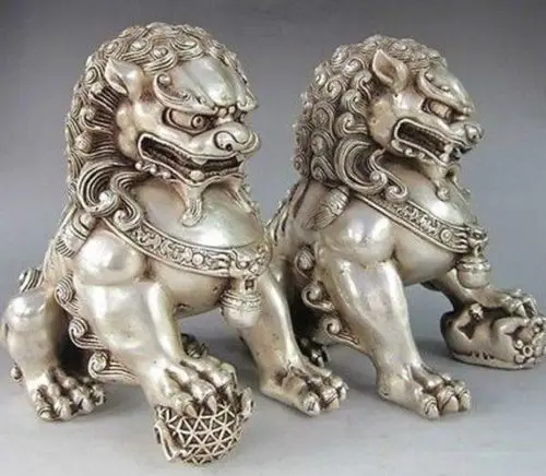 

15,5 см китайская Серебряная Бронзовая статуя Fu Foo Dog Guardian lion