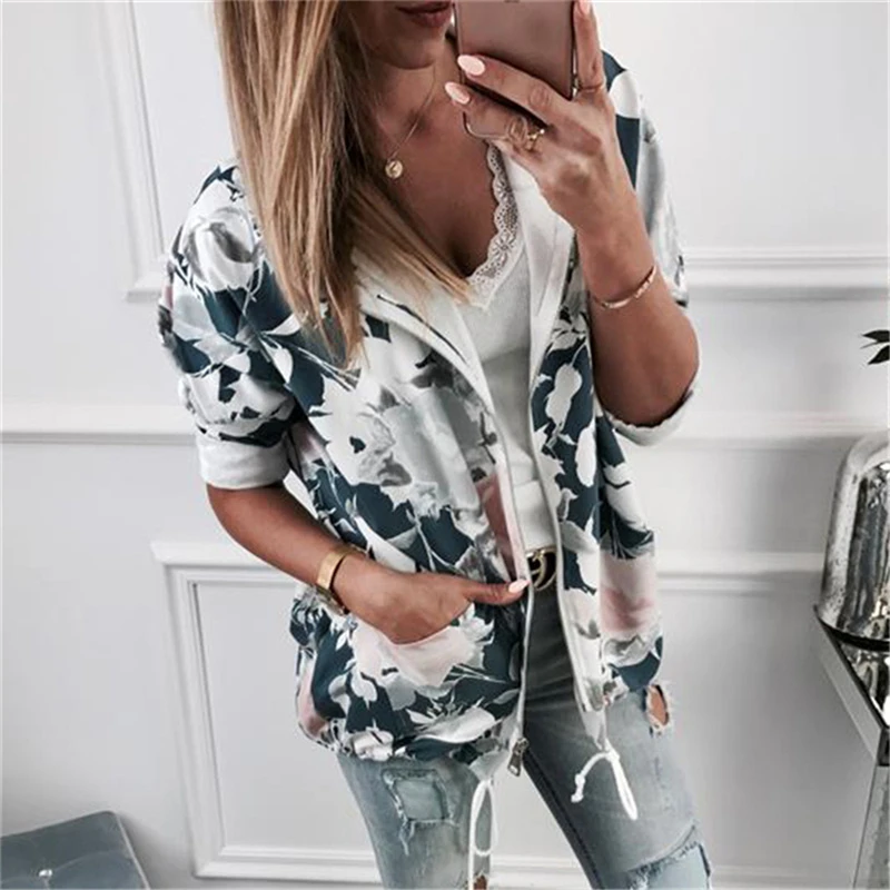 Женская куртка на молнии с капюшоном и цветочным принтом осень | одежда