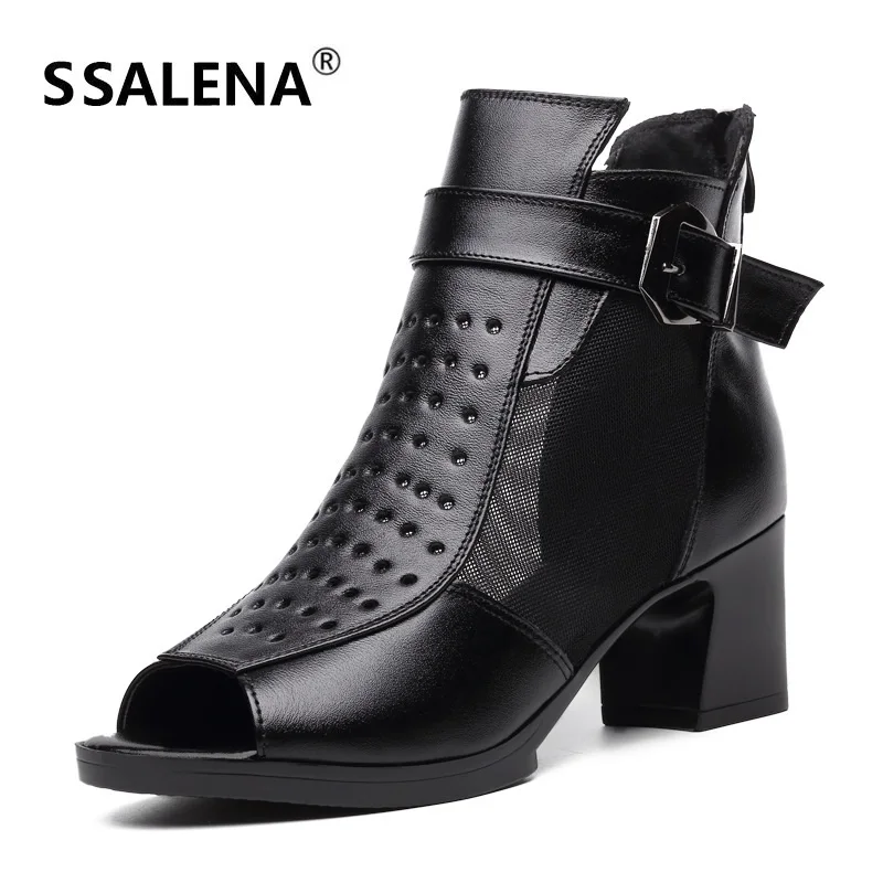 Женские кожаные туфли лодочки с открытым носком сетчатые модельные на высоком