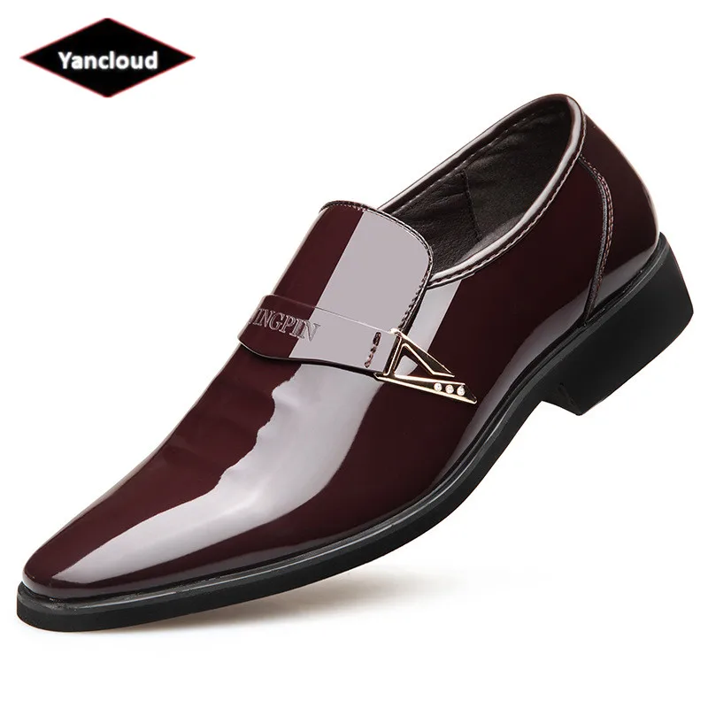 

Pointed Toe Men's Formal Patent Leather Shoes Black Wedding Shoe 2021 Spring Slip on Dress Shoes Flat Suit Office Shoes Leather