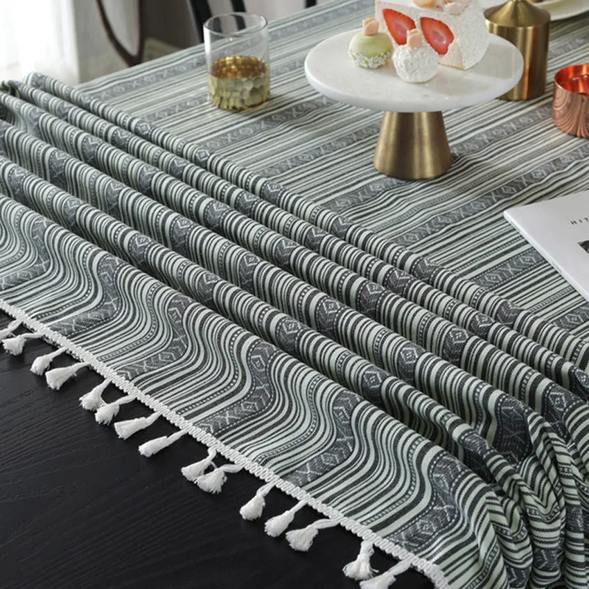 Ethnic Style Grey-green Striped Fringed Tablecloth Coffee Table Cover Rectangular Dining Cloth Oilproof Obrus Home Decor | Дом и сад