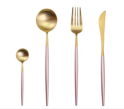 pink gold Горячая Распродажа, 4 шт. набор черных столовых приборов, посуда из нержавеющей стали, нож для стейка, вилка, чайная ложка, вечерние, подарочный набор кухонной посуды - Цвет: pink gold