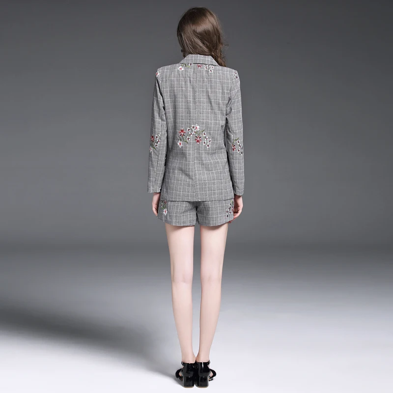 

New autumn outfit women embroidered blazer coat suits grid orint short pants suit office lady costume design clothing set 2 pcs