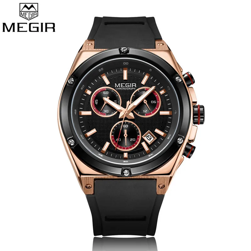 black gold Relogio Masculino MEGIR мужские часы Топ люксовый бренд хронограф спортивные наручные часы военные армейские деловые резиновые мужские часы 2073 - Цвет: black gold