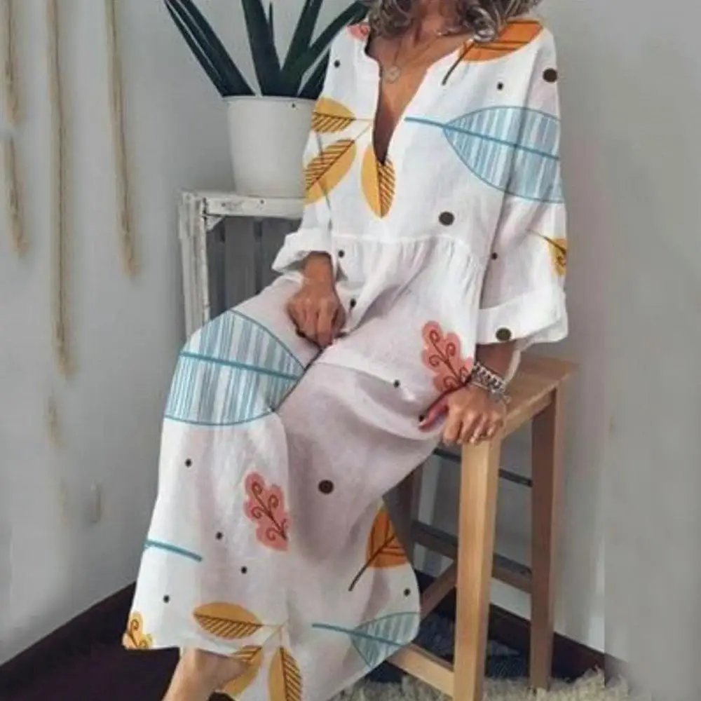 Плюс Размеры Для женщин лист с принтом летнее платье Повседневное свободные