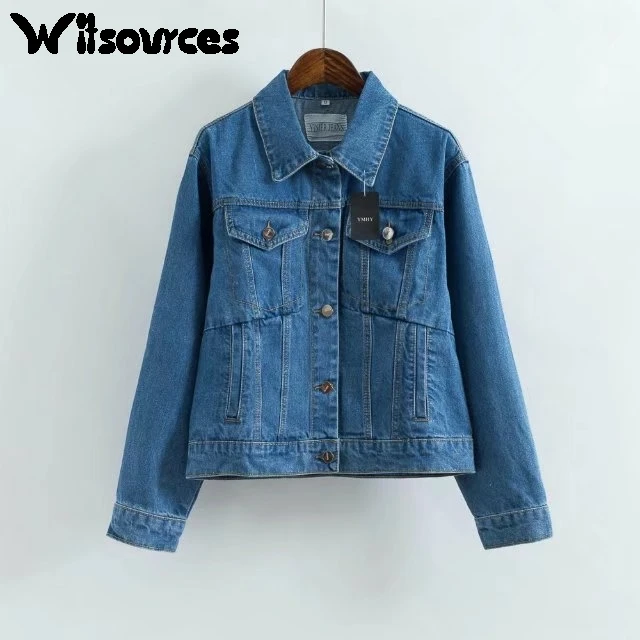 Witsources Denim Jacket Women 2017 Winter Lapel Collar Long Sleeve Vintage Washed Jean Jackets SC2380 | Женская одежда