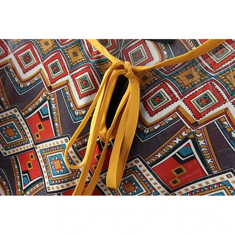 PERHAPS U women boho yellow red bohemian chiffon bow lace up geometric flare sleeve o neck blouse shirt female B0014 |