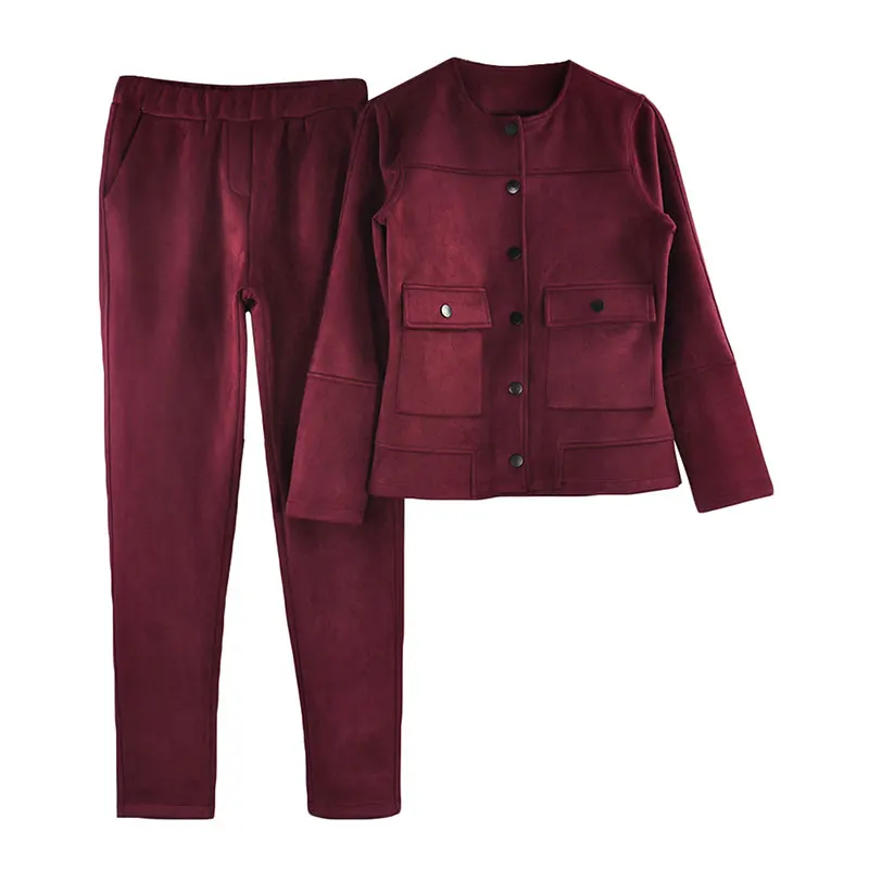 Purplish Red Женский замшевый костюм из куртки и брюк MVGIRLRU, однобортный спортивный костюм из куртки без воротника и брюк, комплект из двух предметов в уличном стиле - Цвет: Purplish Red