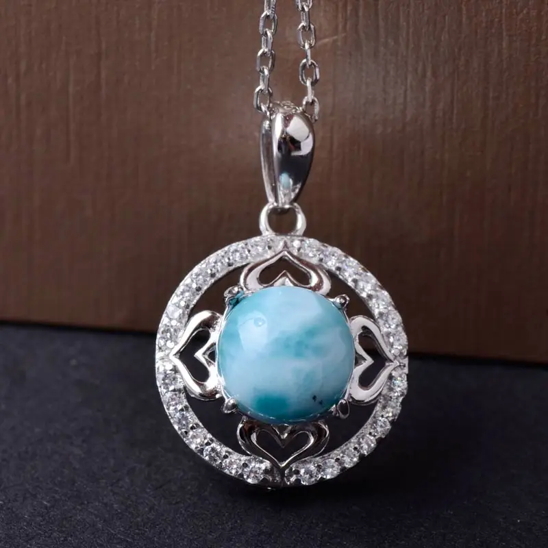

CSJ Natural larimar pendant blue color sterling silver women femme lady girl Necklace Wedding Engagement party Gift Fine Jewelry