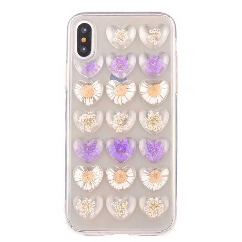 Модные 3D сердце любовь настоящие сухие цветы чехол для iPhone Xs Max Xr 8 7 6 Plus Прозрачный