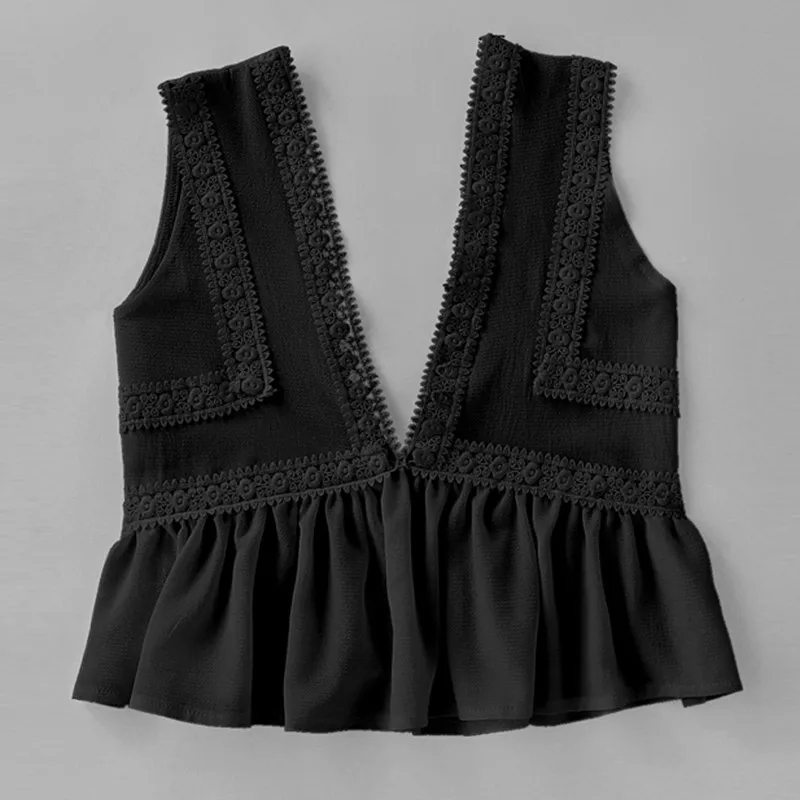 Черный COLROVIE погружающийся V-Neck кружевной Обрезной жабо подол Топ Белый контрастный кружевной гофрированный подол Женский Топ Глубокий v-образный вырез укороченный жилет - Цвет: Черный
