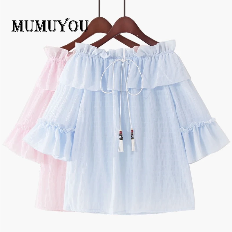 

Women Chiffon Off-shoulder T-shirt Ruffle Loose Solid shirt Top Short Sleeve Three Quarter Casual Lolita Slash Neck 904-B056