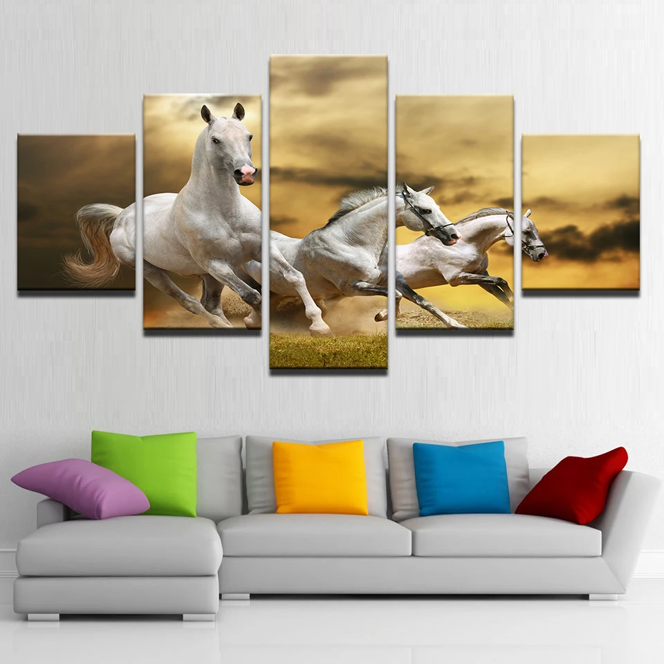 Холст HD принты картинки настенные художественные 5 шт. белые лошади бегущие в