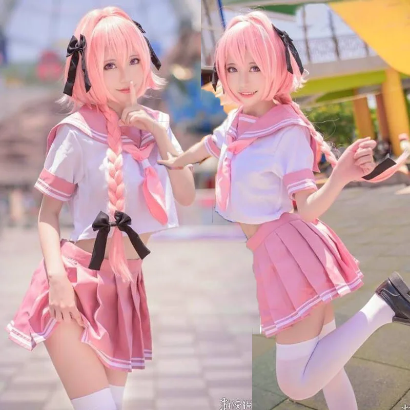 

Anime Fate/Apocrypha Astolfo Cosplay Costumes Japanese Students Girls School Uniforms Wigs Bows Halloween Sailor Suit Full Sets