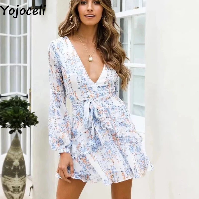 Yojoceli сексуальное короткое шифоновое платье с принтом и рюшами женское осеннее