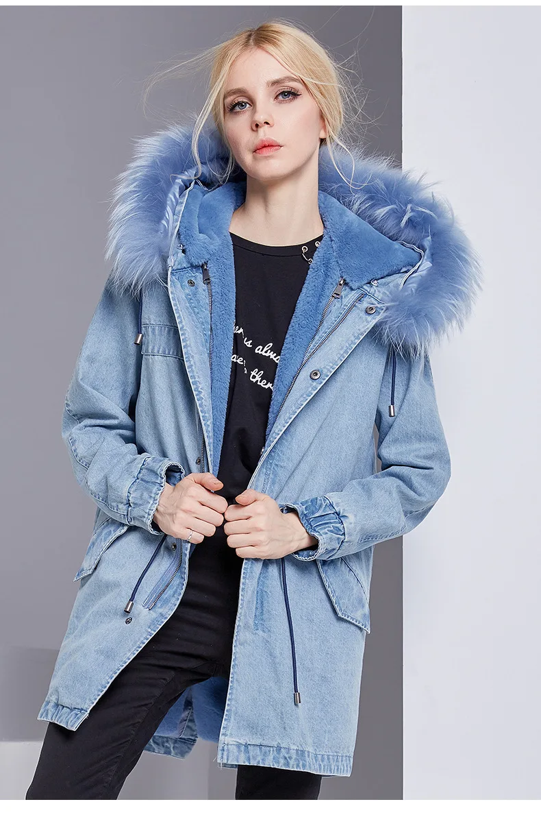 Bootyjeans, розовое, синее, настоящее Женское пальто с мехом, воротник из лисьего меха, парки с капюшоном, верхняя одежда, длинная, кроличья шерсть, меховая подкладка, зимнее пальто - Цвет: blue fur