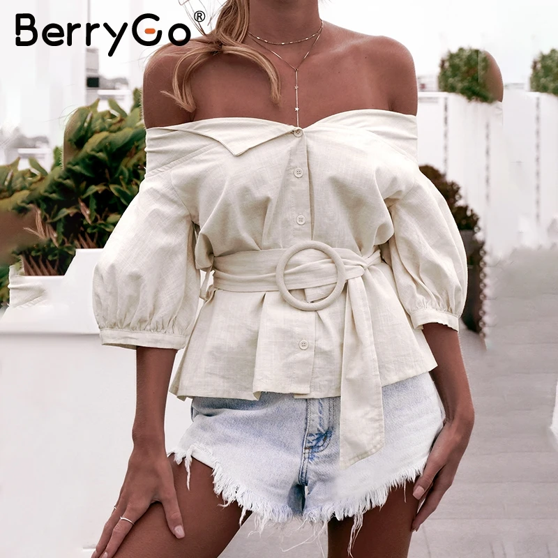 BerrygGo, женская блузка с открытыми плечами, рубашка, пуговицы для блузки, летняя, рукав-фонарик, с поясом, блузка, женская, повседневная, винтажная, топы, новинка