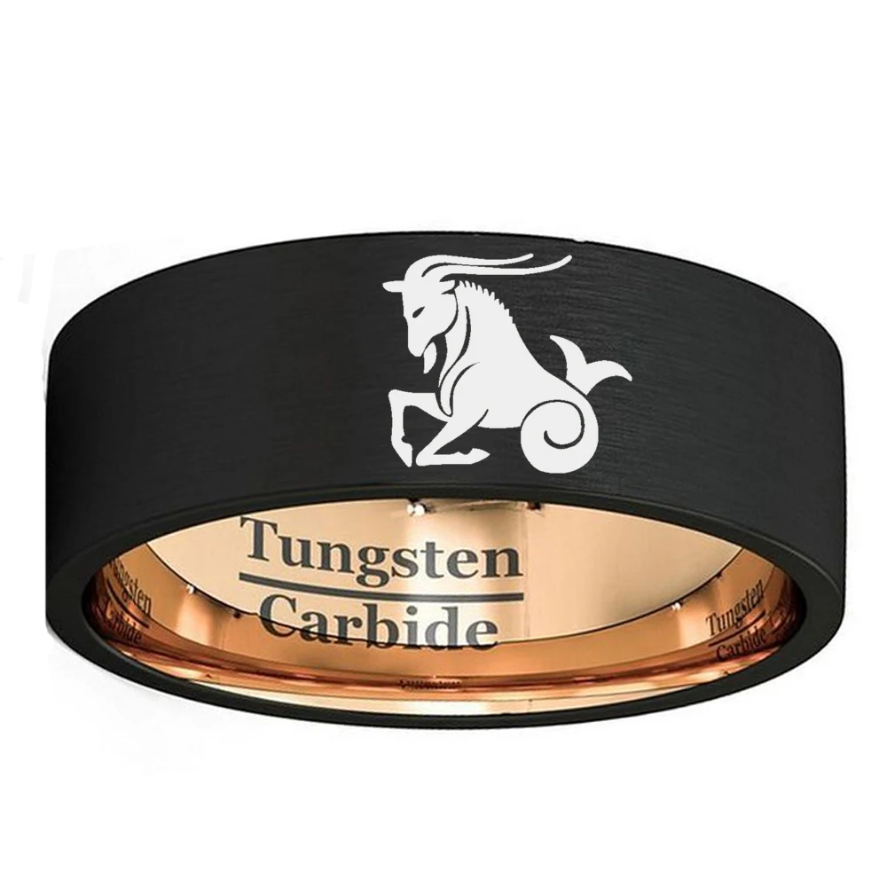 Мужское кольцо с гравировкой зодиака 8 мм Черное и розовое золото двухцветное