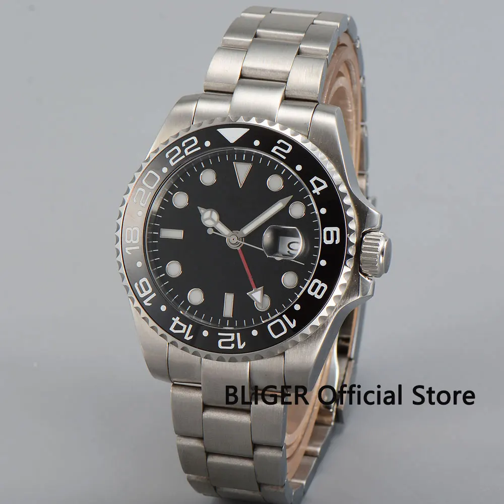Люксовый бренд BLIGER 40 мм черный циферблат функция GMT нержавеющая сталь сапфировое
