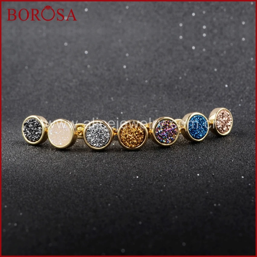 

BOROSA 1Pair 8mm Round Natural Agates Titanium Druzy Stud Earrings Titanium Drusy Geode Studs Gems for Women Girls G0198